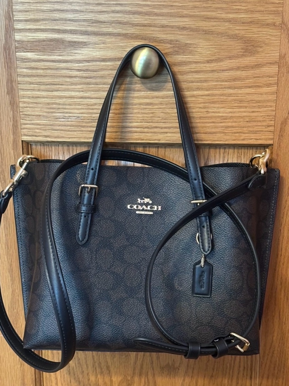 Coach Brown/Black Signature Mollie 25 small Leather Tote with Crossbody Strap